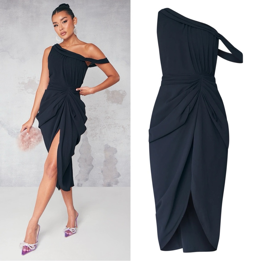 NWT BLACK CHIFFON ASYMMETRIC STRAP DRAPED MIDI
DRESS Size 0